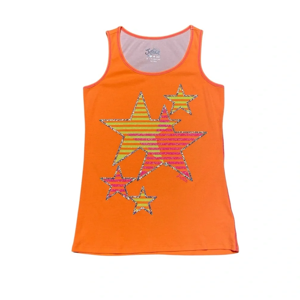 Justice Tank Top Girls 20 Casual Orange Glitter Stars Stripes Sleeveless Shirt